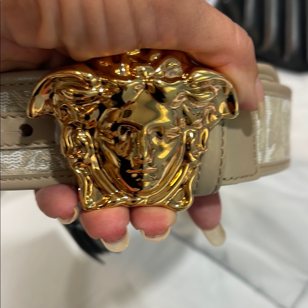 NWT Versace Taupe Belt with Gold Accents